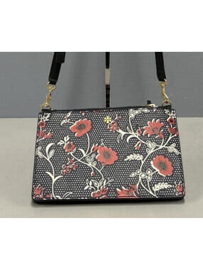 Tory Burch Blake Printed Crossbody Black and Red Floral Purse Pebbled Leather